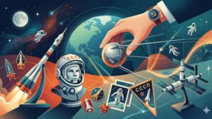 Коллекция предметов советской космонавтики в современном стиле для статьи о поиске редких артефактов
