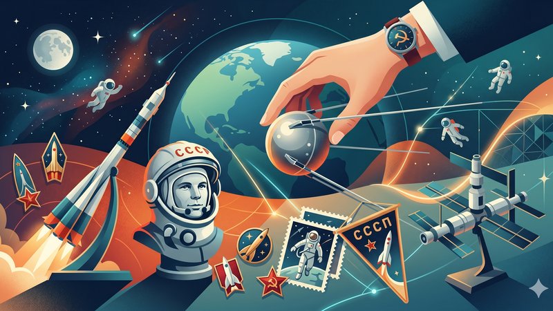 Коллекция предметов советской космонавтики в современном стиле для статьи о поиске редких артефактов